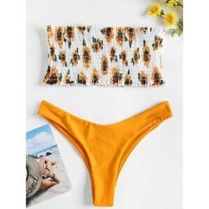 NWT White Yellow Sunflower Floral Printed Bikini Set Size XL Bathing Suit